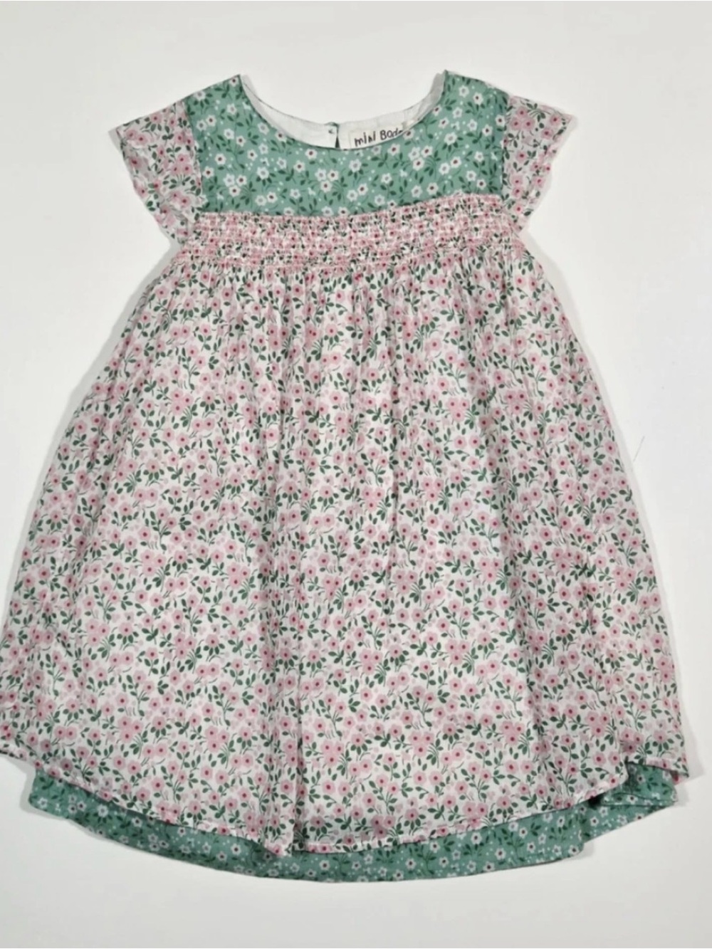 Mini Boden Pink & Green Floral Smocked Cotton Dress